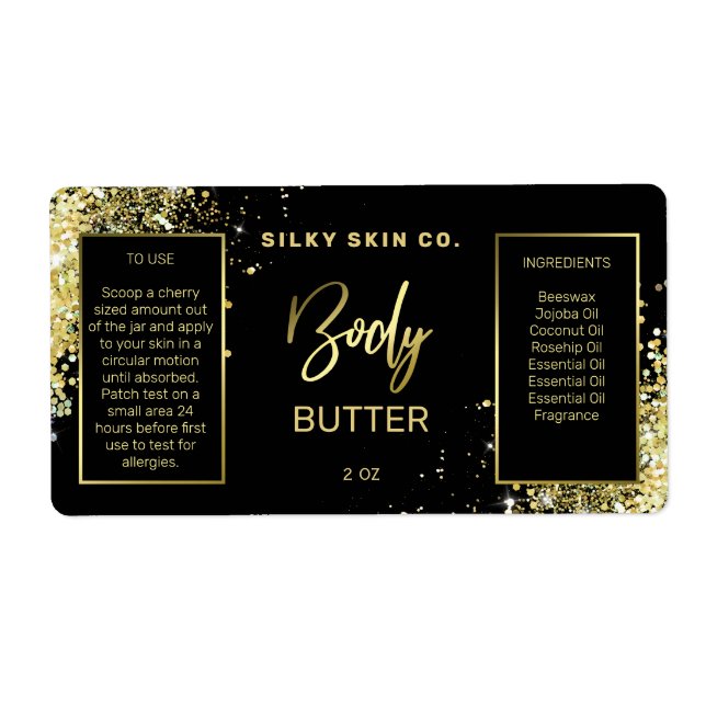 Luxury Glitter Black And Gold Body Butter Labels (Front)