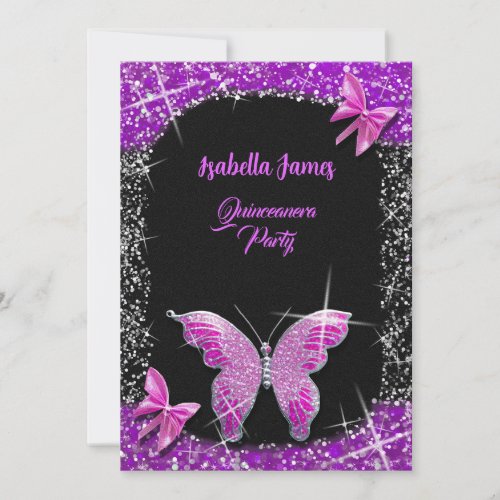 luxury glitter black pink purple Butterfly elegant Invitation