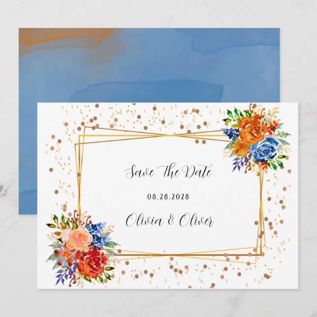 Luxury Glitter Blue Orange Floral Save The Date (Front/Back)
