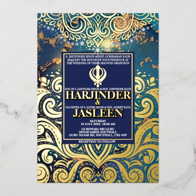 Luxury Glitter Blue Sikh Anand Karaj Indian Foil Invitation (Front)