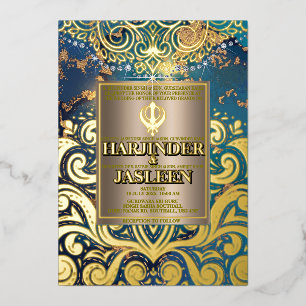 Luxury Glitter Blue Sikh Anand Karaj Indian Foil Invitation