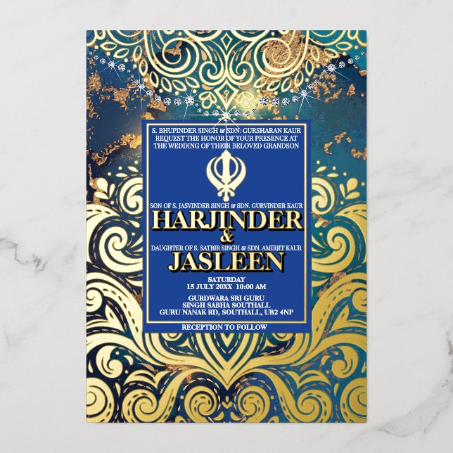 Luxury Glitter Blue Sikh Anand Karaj Indian Foil Invitation (Front)