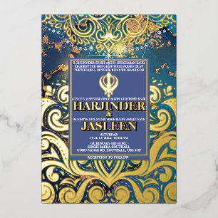 Luxury Glitter Blue Sikh Anand Karaj Indian Foil Invitation