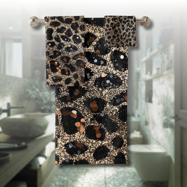 Luxury Glitter Brown Black Gold Leopard Pattern Bath Towel Set (Creator Uploaded)