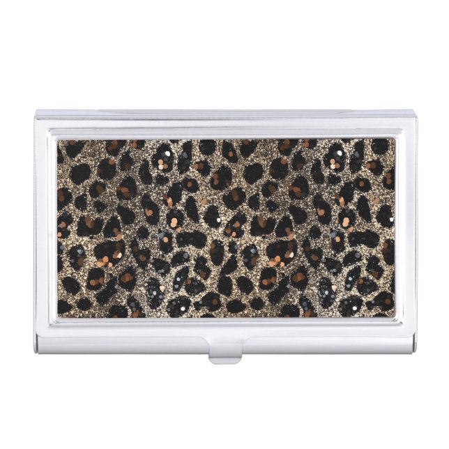 Luxury Glitter Brown Black Gold Leopard Pattern Business Card Case (Front)