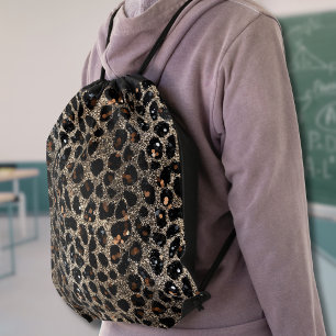 Luxury Glitter Brown Black Gold Leopard Pattern Drawstring Bag