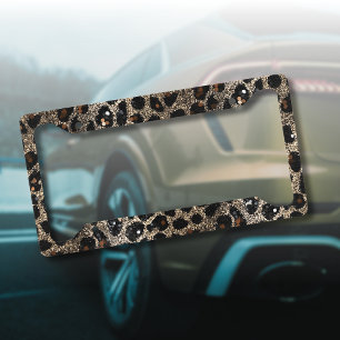 Luxury Glitter Brown Black Gold Leopard Pattern License Plate Frame