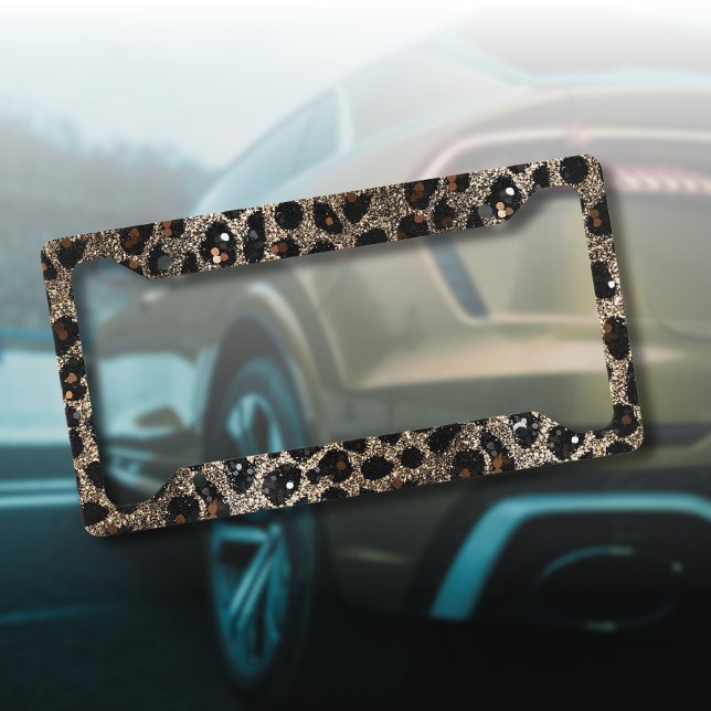 Luxury Glitter Brown Black Gold Leopard Pattern License Plate Frame (Creator Uploaded)