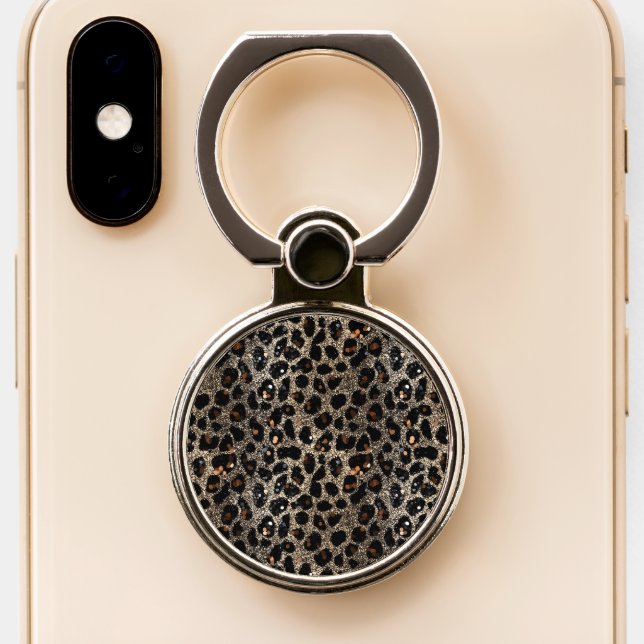 Luxury Glitter Brown Black Gold Leopard Pattern Phone Ring Stand (Close Up)