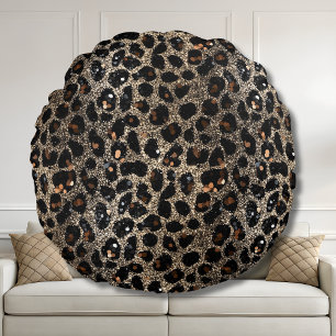 Luxury Glitter Brown Black Gold Leopard Pattern Round Pillow