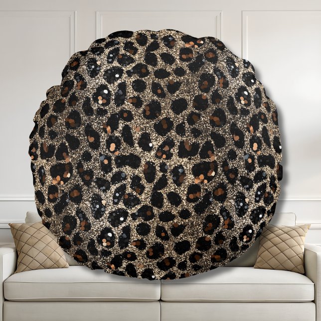 Luxury Glitter Brown Black Gold Leopard Pattern Round Pillow (Creator Uploaded)