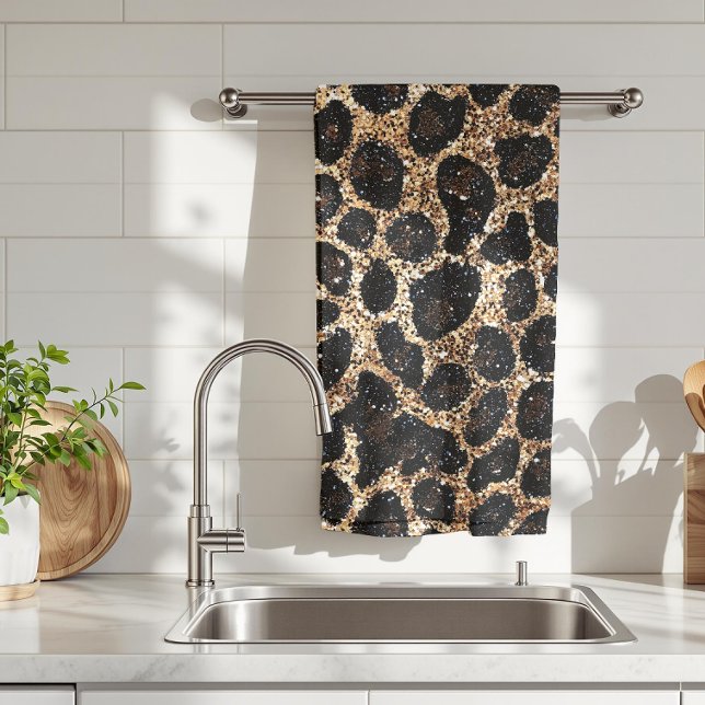 Luxury Glitter Gold Brown Black Leopard Pattern Kitchen Towel (Creator Uploaded)