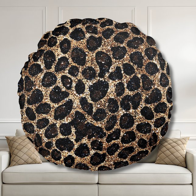 Luxury Glitter Gold Brown Black Leopard Pattern Round Pillow (Creator Uploaded)