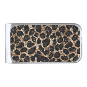 Luxury Glitter Gold Brown Black Leopard Pattern Silver Finish Money Clip