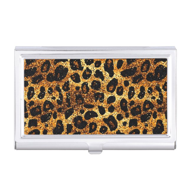 Luxury Glitter Gold Brown Rust Leopard Pattern Business Card Case (Front)