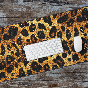 Luxury Glitter Gold Brown Rust Leopard Pattern Desk Mat