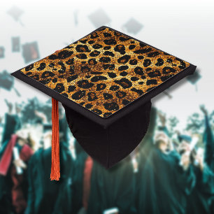 Luxury Glitter Gold Brown Rust Leopard Pattern Graduation Cap Topper