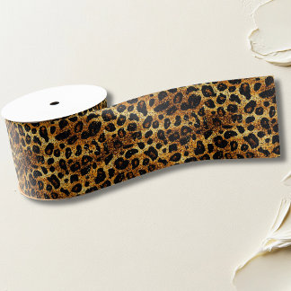 Luxury Glitter Gold Brown Rust Leopard Pattern Grosgrain Ribbon