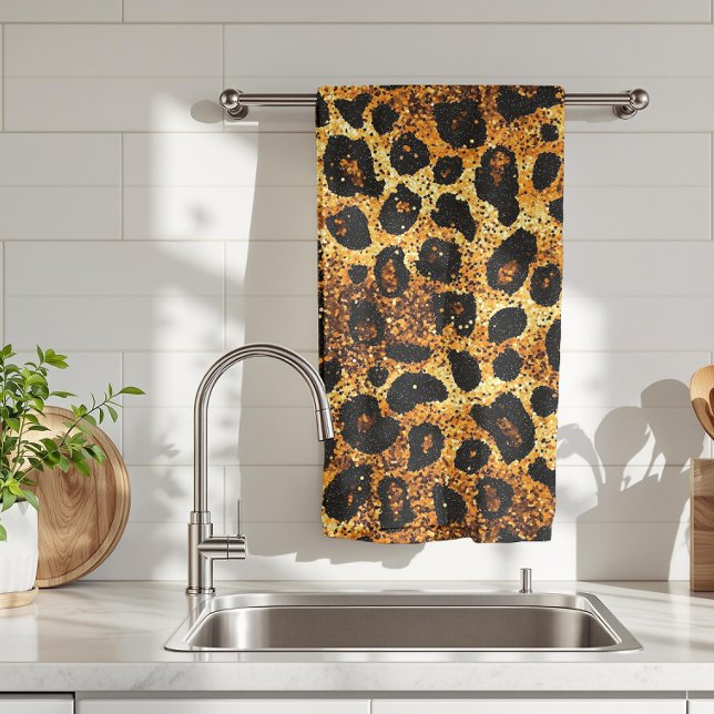 Luxury Glitter Gold Brown Rust Leopard Pattern Kitchen Towel (Creator Uploaded)