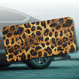 Luxury Glitter Gold Brown Rust Leopard Pattern License Plate