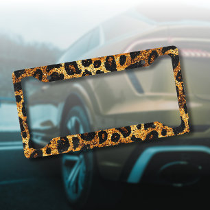Luxury Glitter Gold Brown Rust Leopard Pattern License Plate Frame