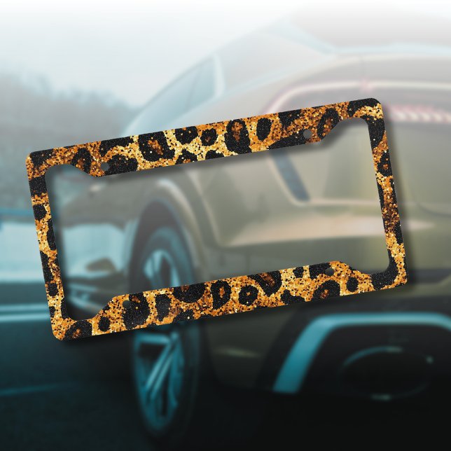 Luxury Glitter Gold Brown Rust Leopard Pattern License Plate Frame (Creator Uploaded)