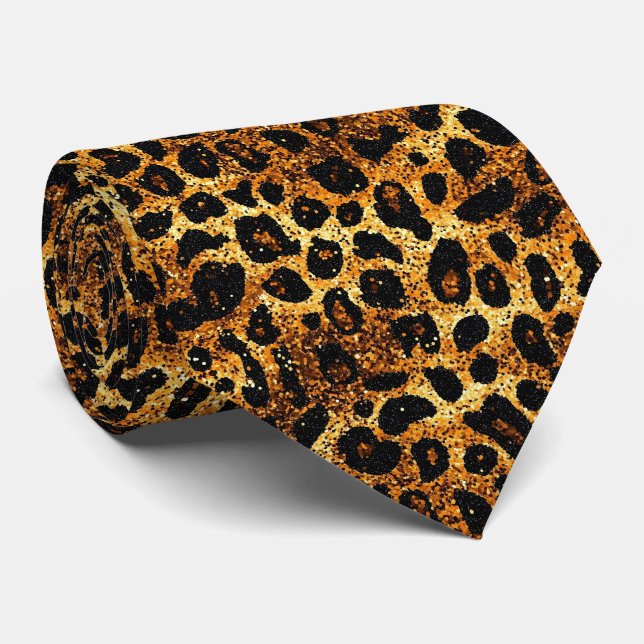 Luxury Glitter Gold Brown Rust Leopard Pattern Neck Tie (Rolled)