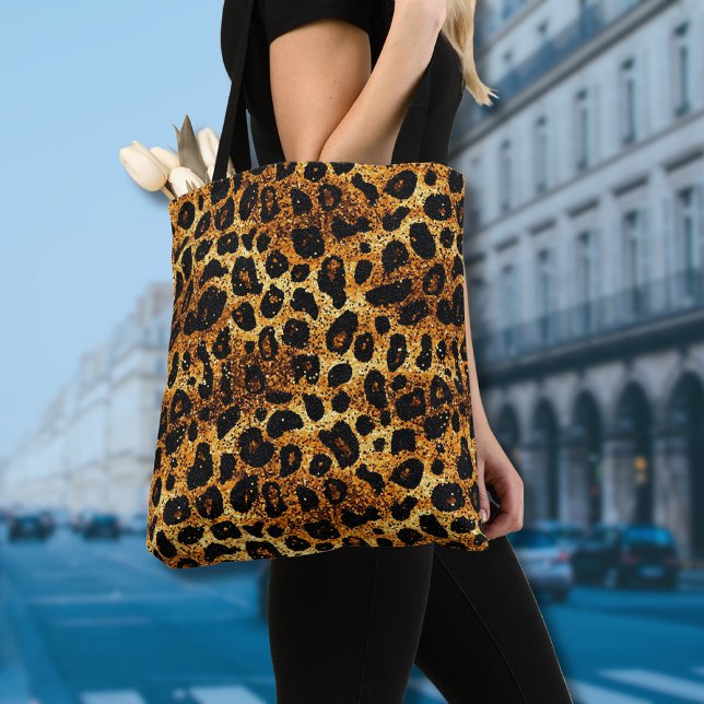 Luxury Glitter Gold Brown Rust Leopard Pattern Tote Bag (Creator Uploaded)
