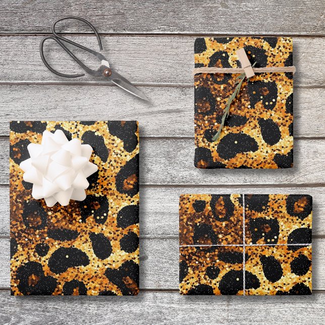 Luxury Glitter Gold Brown Rust Leopard Pattern Wrapping Paper Sheets (Creator Uploaded)