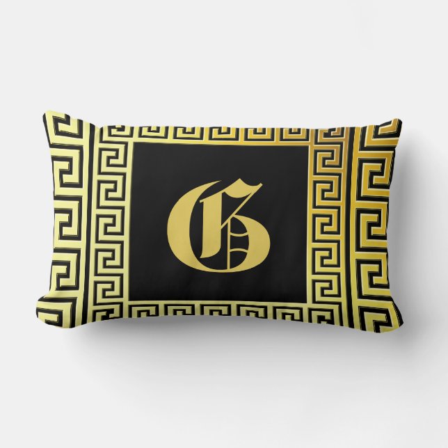 Luxury glitter greek key monogrammed gold l black lumbar pillow (Front)