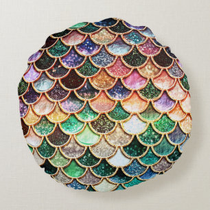 Luxury Glitter Mermaid Scales - Multicolor Round Pillow