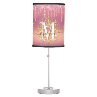 luxury Glitter Pink Drip Personalized Monogram Table Lamp