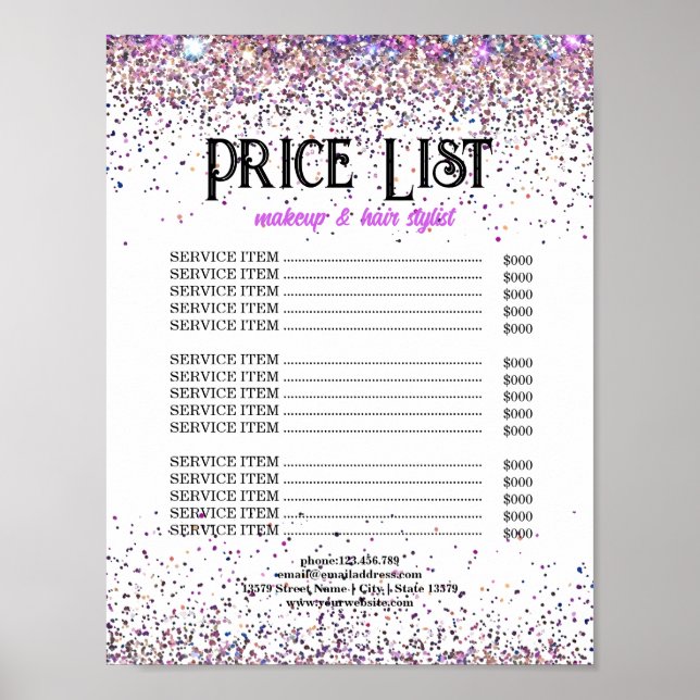 Luxury Glitter Price List Makeup & Hair Stylists Poster (Front)
