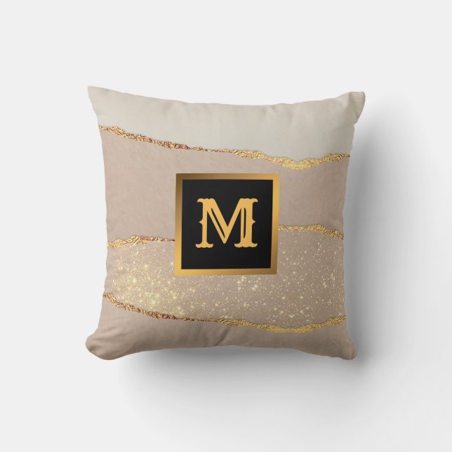 Luxury Glitter Rose Gold Monogrammed Throw Pillow (Front)