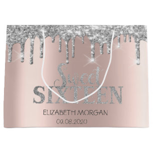 Luxury Glitter Silver Drips Rose Gold Sweet 16 Large Gift Bag