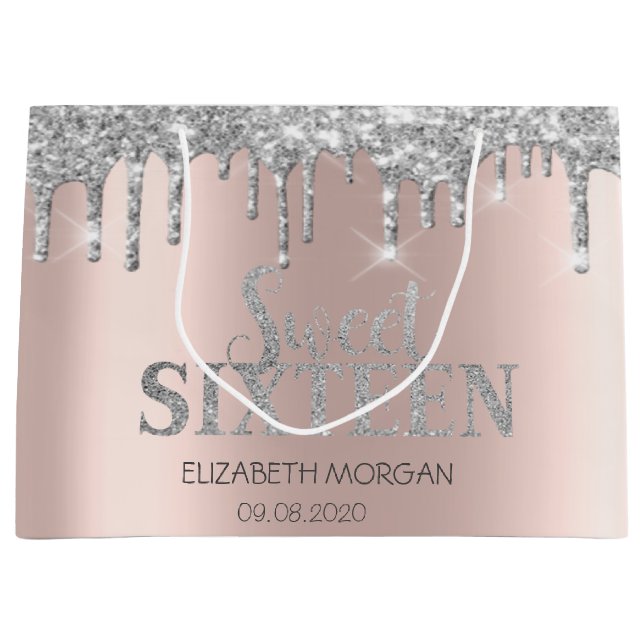 Luxury Glitter Silver Drips Rose Gold Sweet 16 Large Gift Bag (Front)