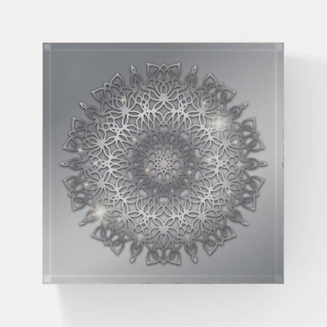 Luxury Glowing Sparkling Silver Metallic Mandala Paperweight (Front)
