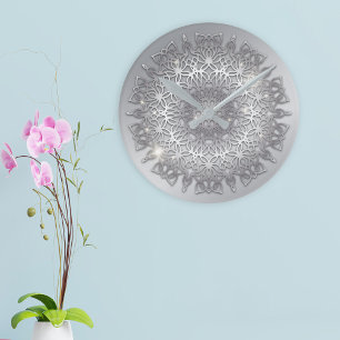 Luxury Glowing Sparkling Silver Metallic Mandala Round Clock
