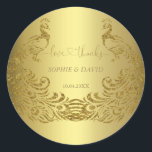 Luxury Gold Abstract Peacock Wedding Classic Round Sticker<br><div class="desc">Elegant Design featuring Golden background and abstract Gold Sparkling Peacocks for a special wedding event. It will give an unique touch to your wedding style. Personalize with your own information. Matching Wedding invitation,  Save the Date,  RSVP,  and more,  also,  available in my Royal Gold Abstract Peacock Wedding Collection.</div>