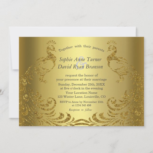 Luxury Gold Abstract Peacock Wedding Invitation (Front)