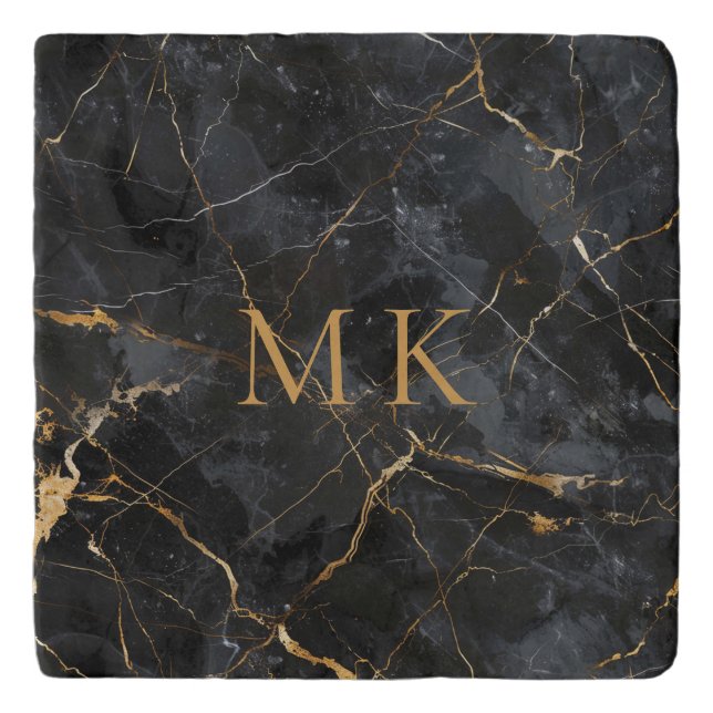 Luxury Gold Accent Black Marble Monogram Initials Trivet (Front)