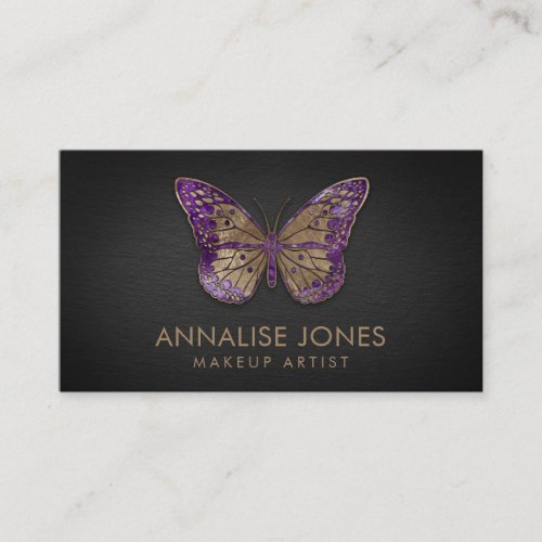 Luxury Gold and Amethyst Butterfly on Black Slate Business Card