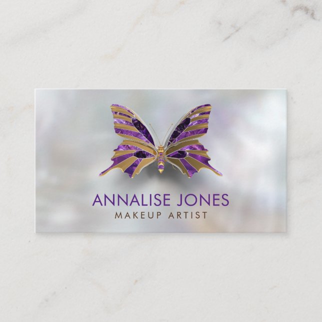 Luxury Gold and Amethyst Butterfly on pearl Business Card (Front)