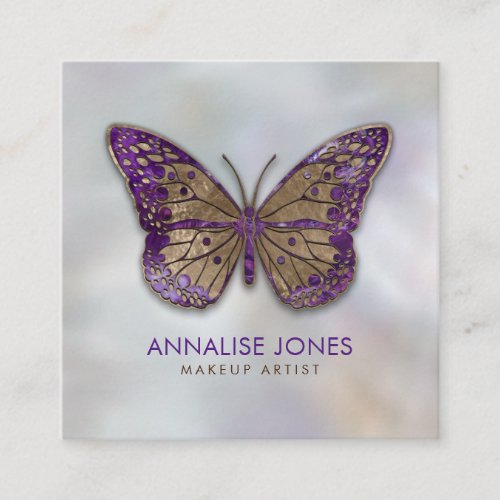 Luxury Gold and Amethyst Butterfly on pearl Square Business Card