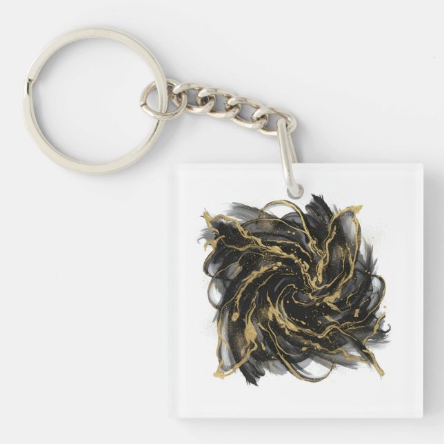 Luxury Gold and Black Abstract Marble Ink Flow Keychain (Front)