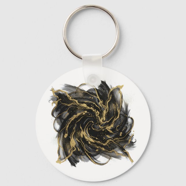 Luxury Gold and Black Abstract Marble Ink Flow Keychain (Front)