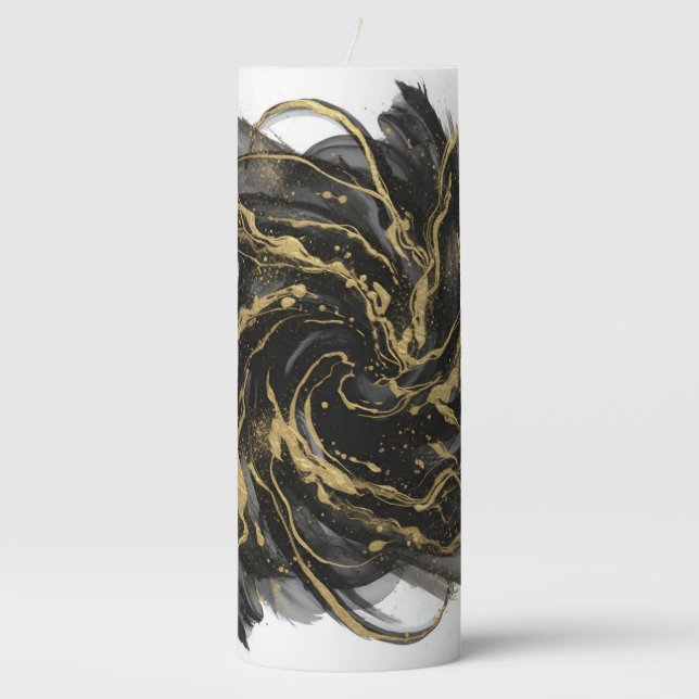 Luxury Gold and Black Abstract Marble Ink Flow Pillar Candle (Front)