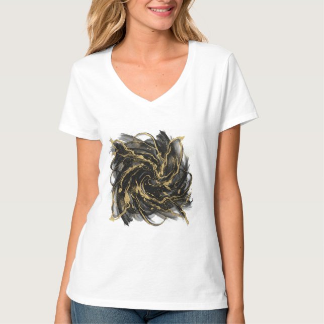 Luxury Gold and Black Abstract Marble Ink Flow T-Shirt (Front)