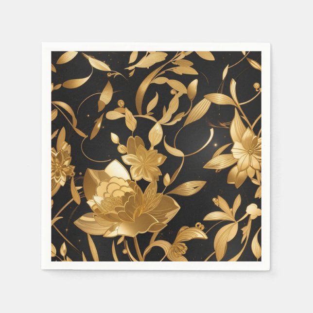 Luxury Gold and Black Floral Napkins (Front)
