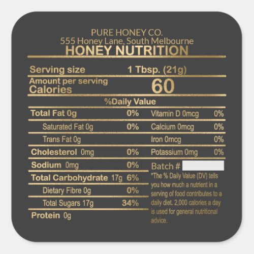 Luxury Gold And Black Honey Nutritional Label